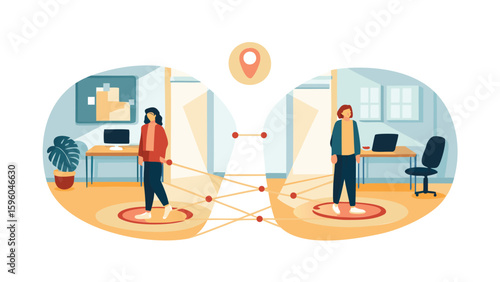 Two people in separate rooms connected by lines indicating a virtual connection or social distancing