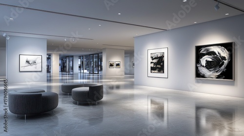 Sleek Modern Art Gallery with Abstract Paintings and Minimalist Seating Area
