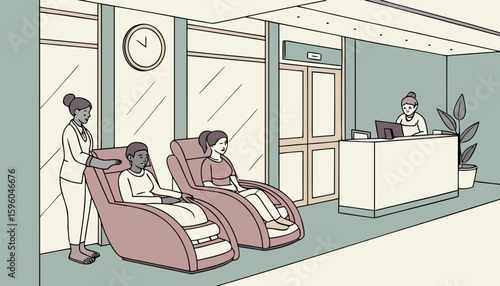 vector illustration of a man and a woman sitting on a massager chair