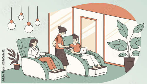 vector illustration of two woman working on a massager chair 