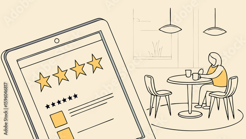 Customer review on tablet and person at cafe table illustration.