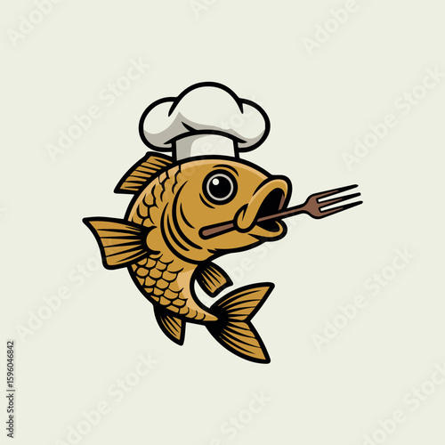 Clean and modern vector  chef fish logo design for seafood restaurant and cooking blog with fork and hat vector illustration