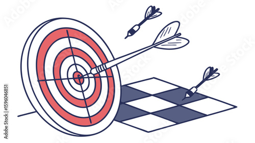 Dartboard with Darts Hitting the Bullseye and Missing.