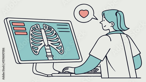 Doctor reviewing a chest Xray with a heart thought bubble.