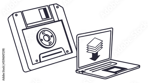Floppy Disk Data Transfer to Laptop Retro Tech Illustration.