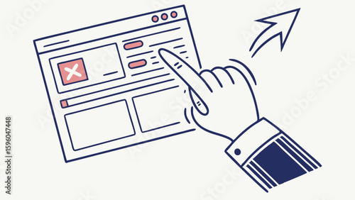 Hand interacting with a website interface pointing towards an upward arrow.