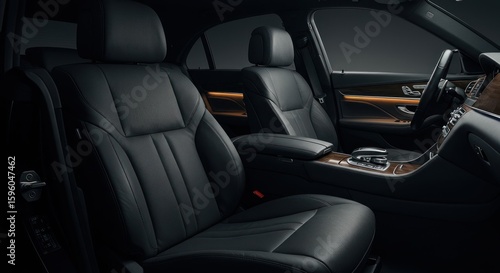 Luxurious car interior showcasing black leather seats, center console, and door panel details.