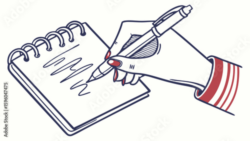 Hand with Pen Writing in Spiral Notebook Illustration.