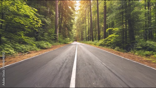 A cinematic video of a peaceful forest road during golden hour. Warm sunlight gently filters through the trees, casting glowing rays and sparkles on the asphalt. 