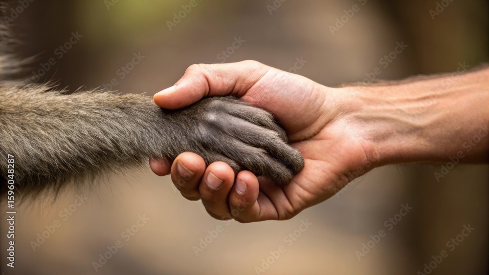 Fototapeta premium A human hand gently holds the paw of a primate, symbolizing connection and trust between species.