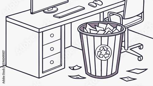 Office Scene with Desk Chair and Full Recycling Bin Illustration.