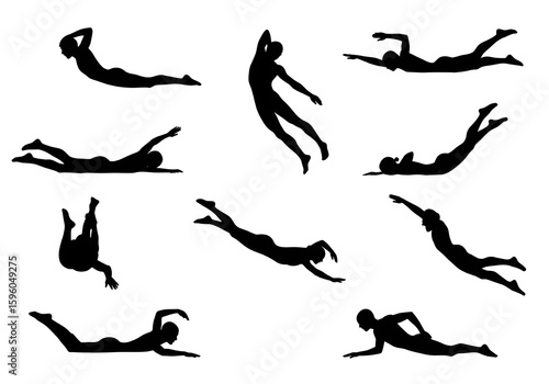Wallpaper Mural Silhouette illustrations of various swimming poses and diving positions on a white background Torontodigital.ca