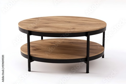 Industrial-style round coffee table with two light wood shelves and black metal legs in subtle modern living room setting