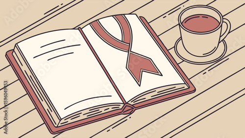 Open book with ribbon bookmark and coffee cup illustration.