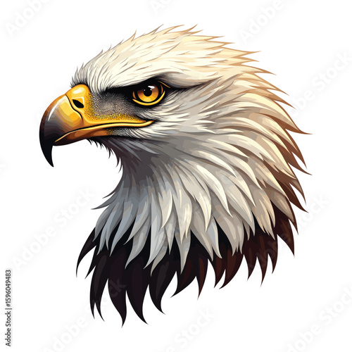 Bold eagle head with sharp eyes and detailed feathers