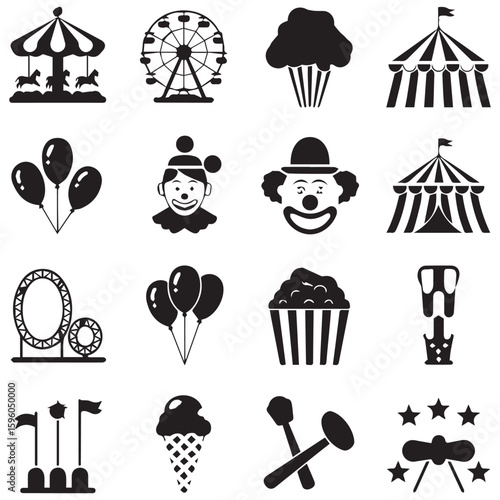 Dark icons of amusement park rides, circus tents, clowns, snacks, and fun fair attractions