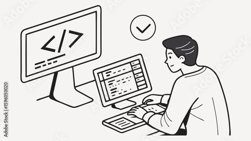 Programmer Working on Code with Two Computer Monitors and Keyboard.