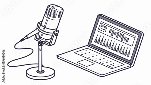 Retro Microphone and Audio Editing Laptop Illustration.