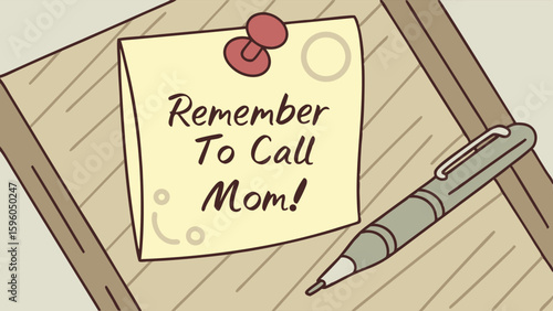 Reminder Note Remember to Call Mom with Pen on Wooden Pad.