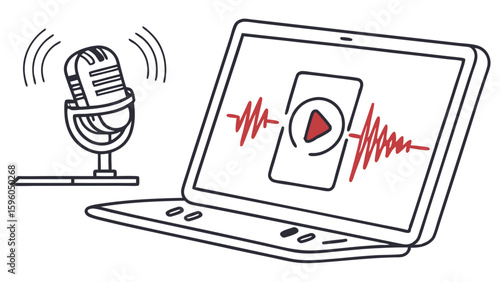Retro Microphone and Laptop Displaying Audio Waves and Play Button.
