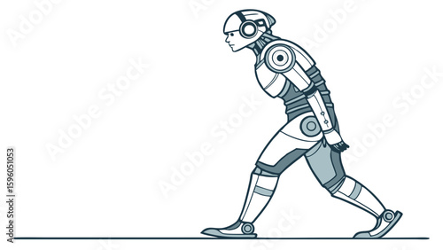 Stylized Illustration of a Walking Humanoid Robot with Headset.