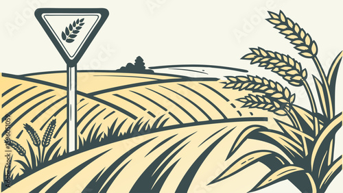 Stylized Illustration of Wheat Fields Road Sign and Crops.