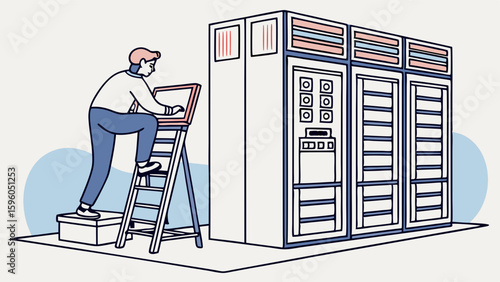 Technician Working on Server Room Equipment.