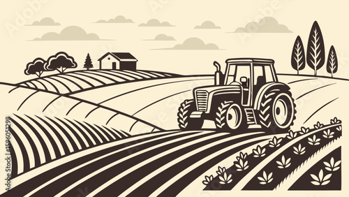 Tractor on a Farm Landscape with Fields Trees and a House.