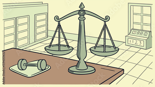 Vintage Illustration of Scales and Dumbbell on Table.