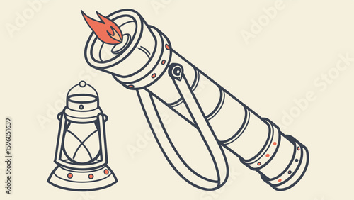 Vintage Oil Lantern and Torch Illustration with Flame.