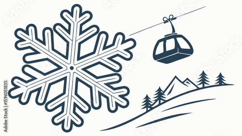 Winter Mountain Scene with Snowflake and Cable Car.