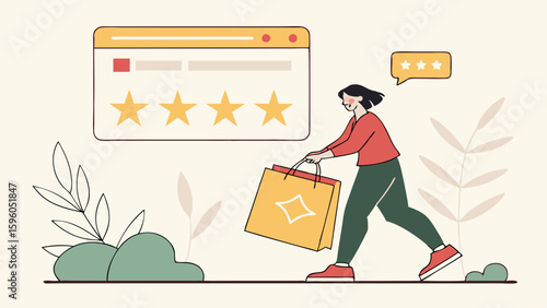 Woman Carrying Shopping Bags After FiveStar Online Review.