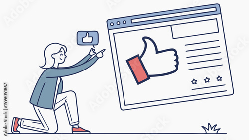 Woman Interacting with Social Media Thumbs Up Icon.