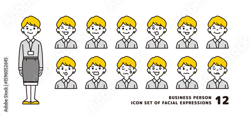 スーツを着た40代～50代の女性社員の、いろいろな表情のアバターアイコン素材セット＿ベクター
