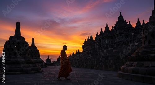 A monk walks among the ancient stupas of Borobudur at sunset, with a vibrant orange and purple sky.