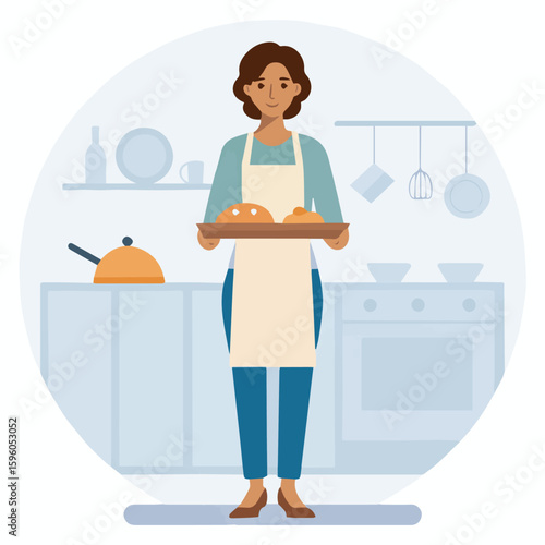 Clean and modern vector  woman baking bread in kitchen illustration for cooking blog or bakery website design and food recipe ideas