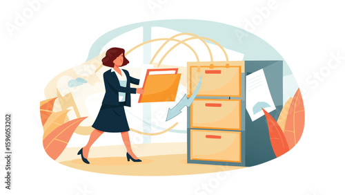 Woman in business attire placing a file into a filing cabinet in an office environment setting shown