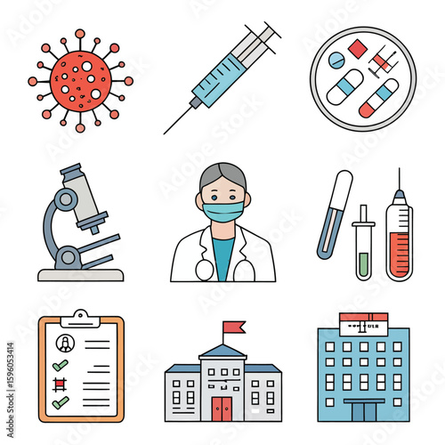 Medical Icon Array: A diverse set of vector-based medical icons, capturing the essence of healthcare, including a doctor, microscope, syringe, virus and hospital.