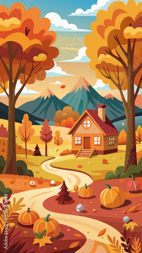 Vector art of a winding path leads to a quaint house in an autumnal setting, with colorful trees and distant mountains under a soft sky
