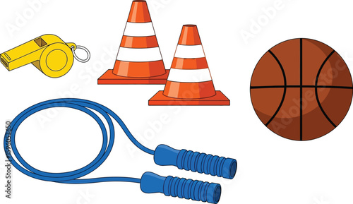 Vector art of a dynamic illustration featuring sports and fitness equipment, including a basketball, jump rope, cones, and a whistle, ideal for representing exercise, training, and healthy activities
