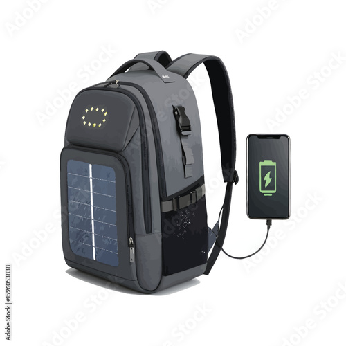 Solar Powered Backpack: A modern grey backpack featuring a solar panel for charging devices on the go, showcasing innovation and sustainable technology. 