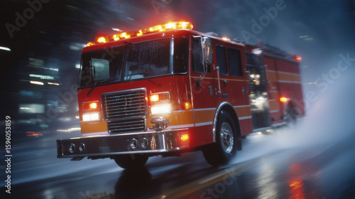 firetruck racing down a wet street at night with sirens and emergency lights firetruck, emergency vehicle, night drive, city lights, wet road, rain reflection, rescue rush, emergen