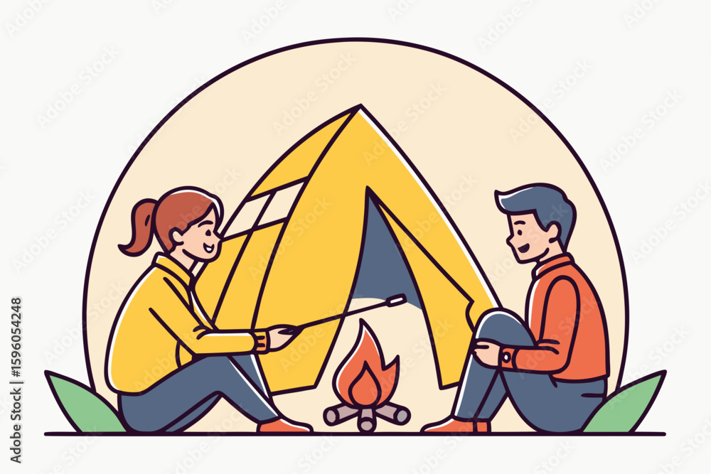 Obraz premium Camping Tent and Lantern Vector Set – Silhouette Line Art Forest Scenes for Outdoor Adventure and Nature Themes