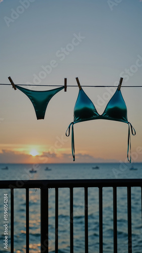 A shiny green bikini hangs on a clothesline on a balcony, drying against the backdrop of a beautiful, dramatic sunset over the ocean