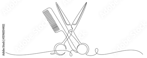  Continuous line drawing of scissors and comb for hair cutting 1