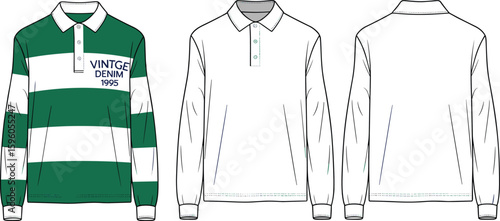 Stylish green and white striped long-sleeve polo shirt flat sketch, front and back views, fashion design, apparel mockup, casual wear, comfortable, customizable, merchandising.