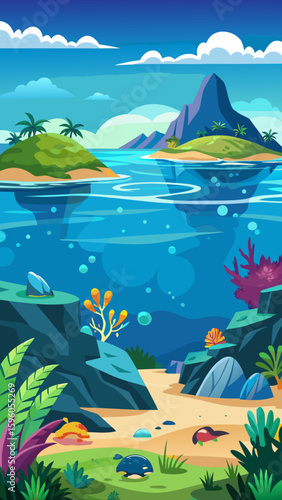 Vector art of underwater world with turtles and fish near rocky islands and lush green vegetation