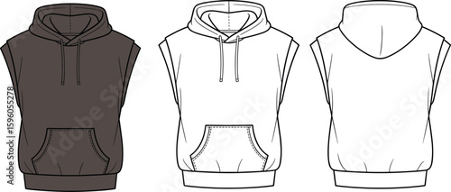 Stylish brown sleeveless hoodie flat sketch template, front and back views, fashion design, apparel mockup, casual wear, comfortable, customizable, merchandising, versatile, modern, street style.