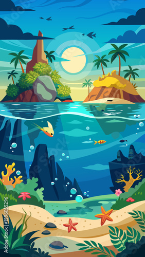 Vector art of a captivating underwater view of tropical islands and marine life during a radiant sunset