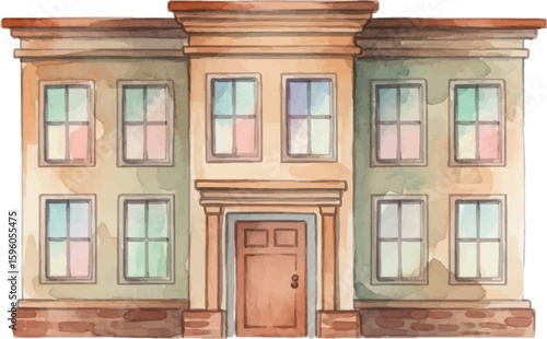 Watercolor illustration of a vintage, multi-story building with pastel colored windows.